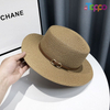 Summer Packable UPF Women Beach Flat Sun Straw Hat with Stripe