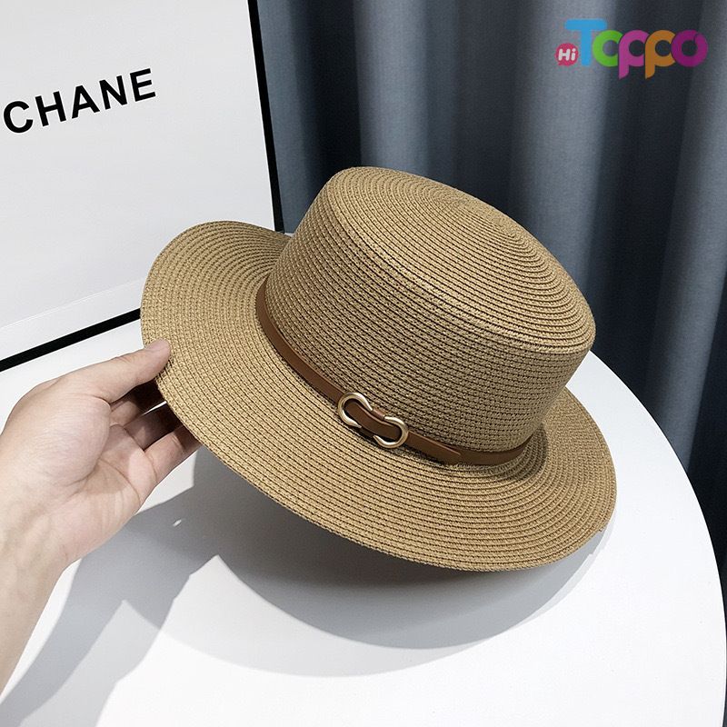 Summer Packable UPF Women Beach Flat Sun Straw Hat with Stripe