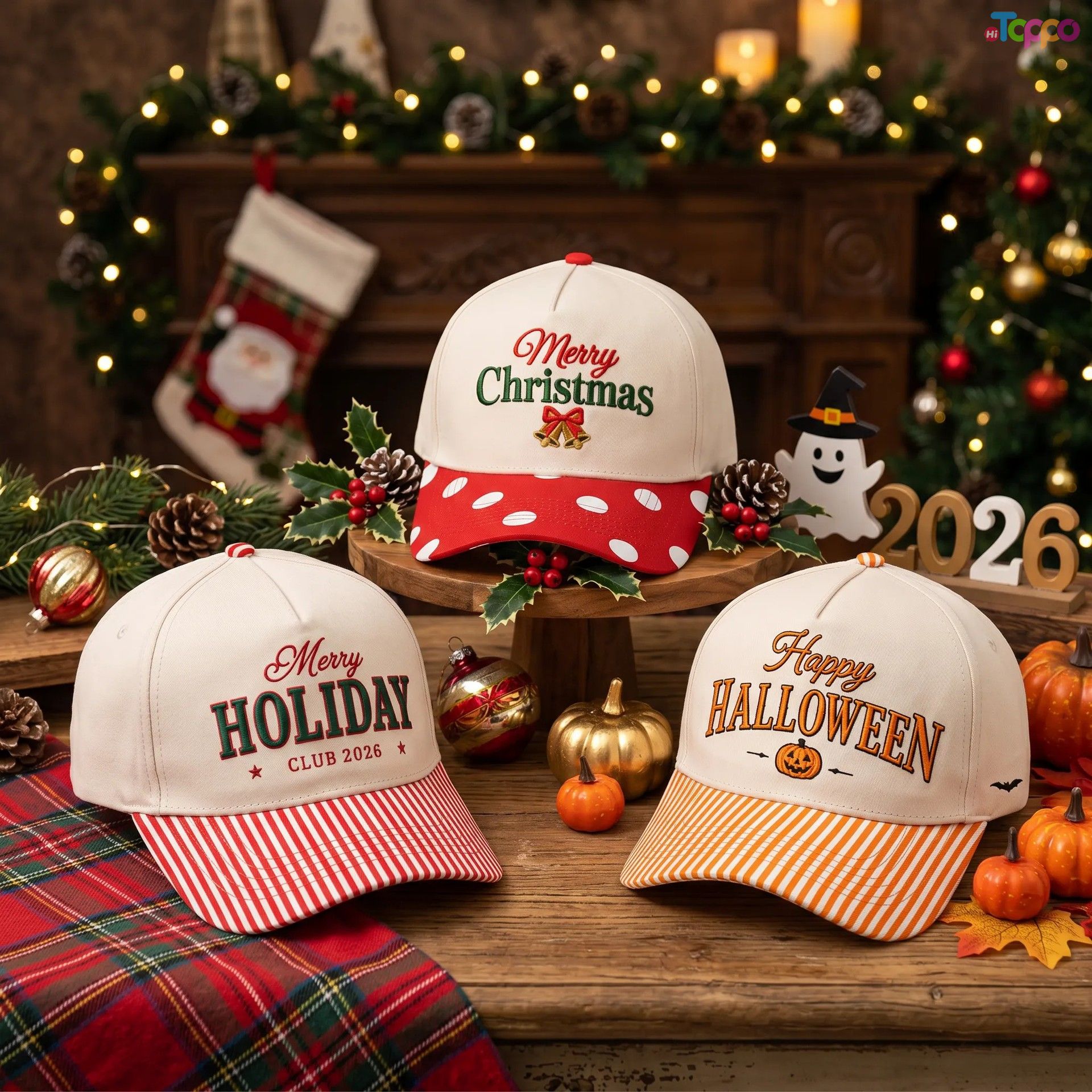 Custom Holiday 5 Panel Baseball Caps with Christmas & Halloween Embroidery Logo