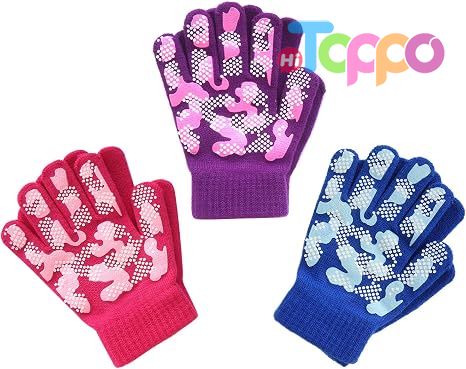 Hot Gift 3 Pairs Knit Warm Stretch Gripper Children Magic Glove 4-14 Years Kids Winter Gloves 
