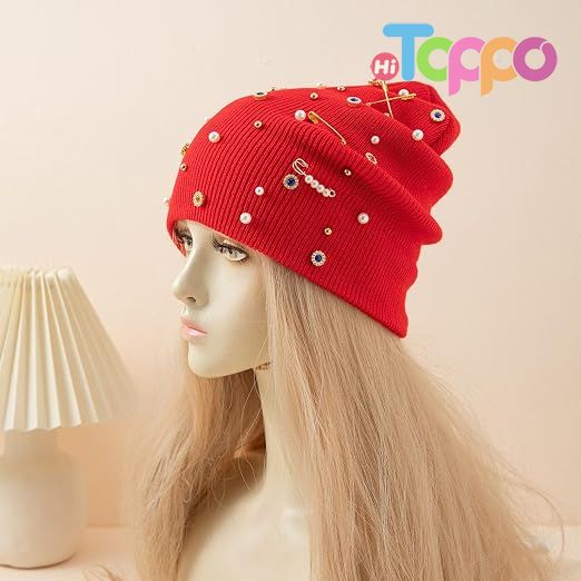 Trending Appeal Versatile Neck Warmer Knitted Cap Headwear Unisex Knit Hat with Shimmering Crystal Weaving 