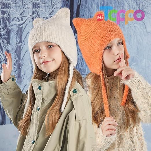 Children Cute Cat Ears Warm Wool Knit Ear Flap Cap Kids Beanie Hat for Winter with Earfalp 