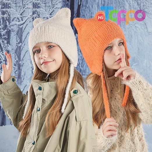 Children Cute Cat Ears Warm Wool Knit Ear Flap Cap Kids Beanie Hat for Winter with Earfalp 