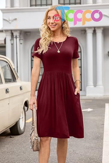  Casual Women Summer Casual Short Sleeve Dresses Empire Waist Dress