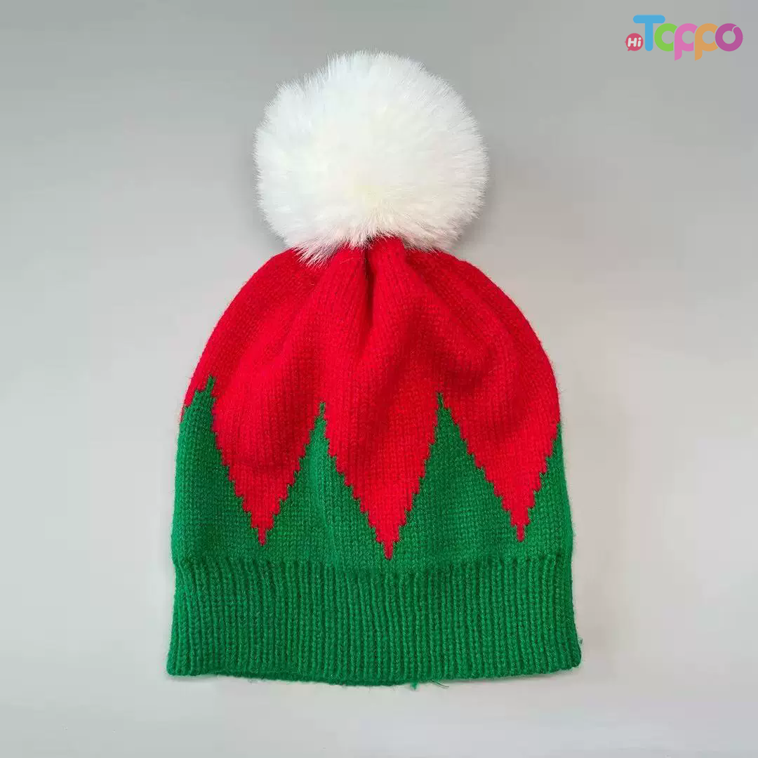 Hot Sale Large Pom Pom Color Block Elf Beanie Winter Knit Cap