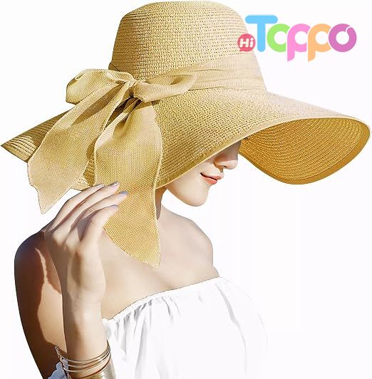  Big Bowknot 5.7 Inches Large Floppy Foldable Roll up UPF 50+ Beach Cap Sun Hat Straw Hat