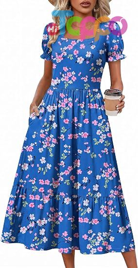 Custom Flowy Casual Midi Dress Short Sleeve Tiered Dress Sundresses with Pockets