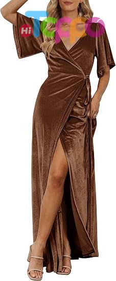 Custom Women's Wrap V Neck Wedding Guest Cocktail Velvet Maxi Dress