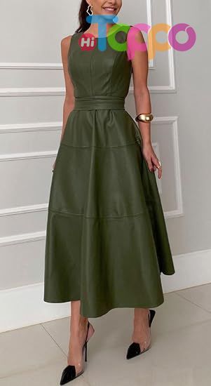 Women PU Faux Leather Sleeveless Elegant Flowy Long Dress Party Night Out Dress with Belt