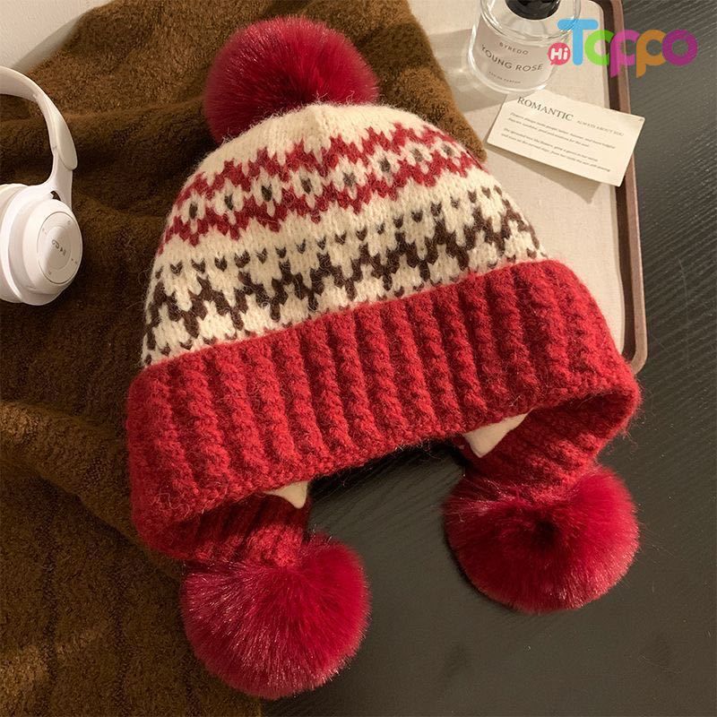 Hot Sale Fair Isle Knit Beanie with 3 Pom Poms Winter Warm Cuffed Skull Cap 