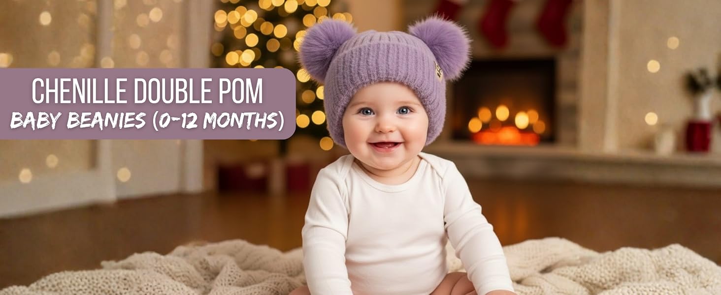chenille double pom baby beanies