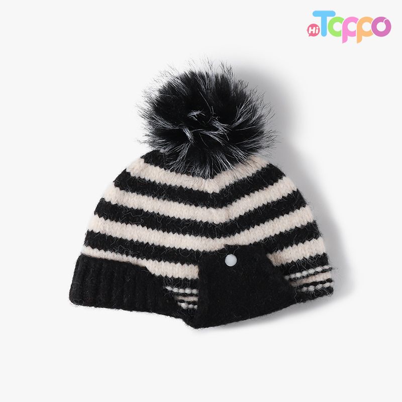 Custom Striped Knit Beanie With Faux Fur Pom‑Pom Detachable Ear Flaps Button Decor 