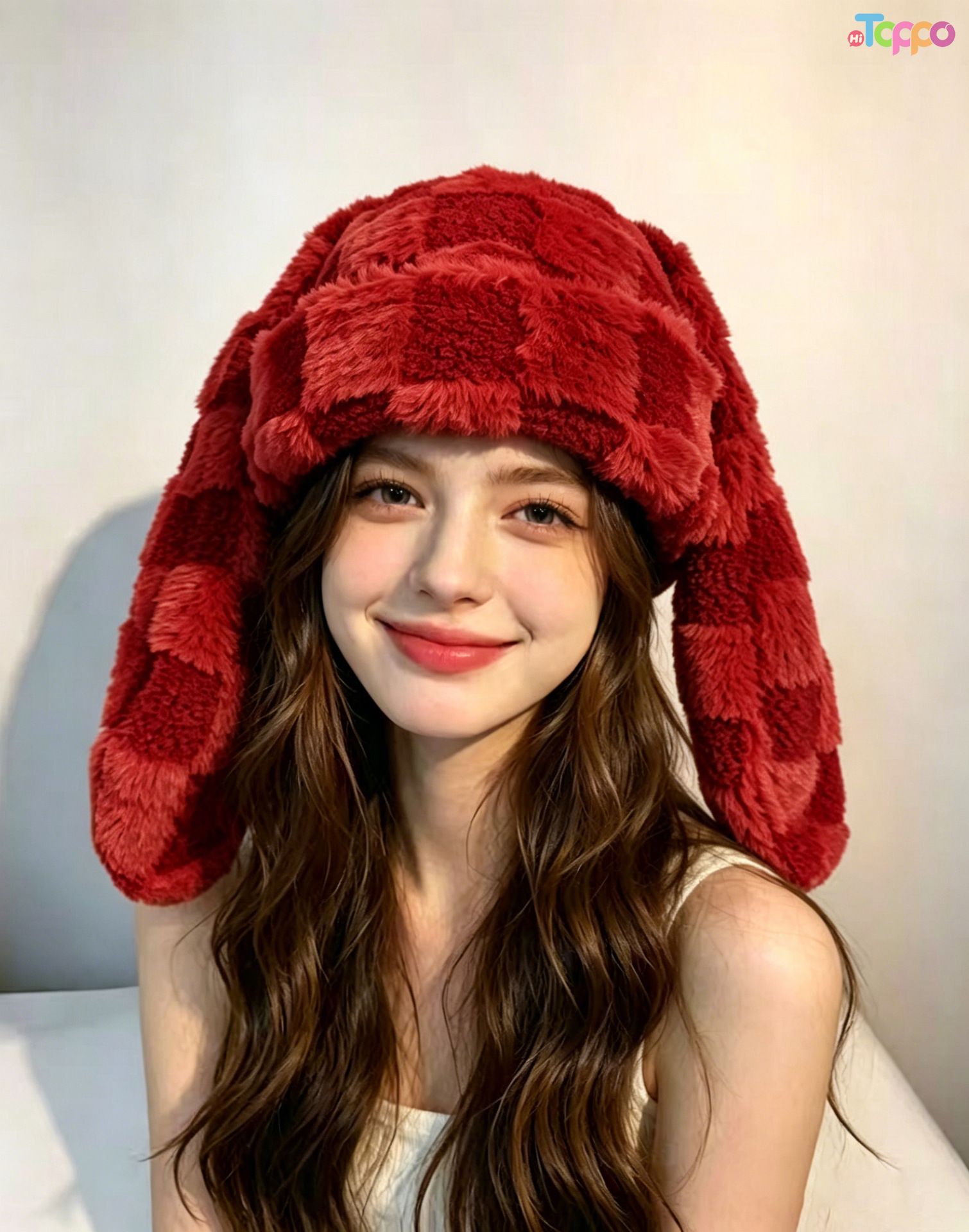 Cute Rabbit Ear Houndstooth Ombre Fluffy Stylish Designer Niche Women Winter Knit Warm Hat 