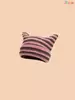 Y2k Street Headgear Cute Cat Ear Design With Pointed Style Women's Handmade Striped Knit Hat 