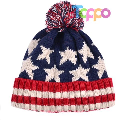 Classical American Flag Knit Pom Beanie Ski Hat with Stars