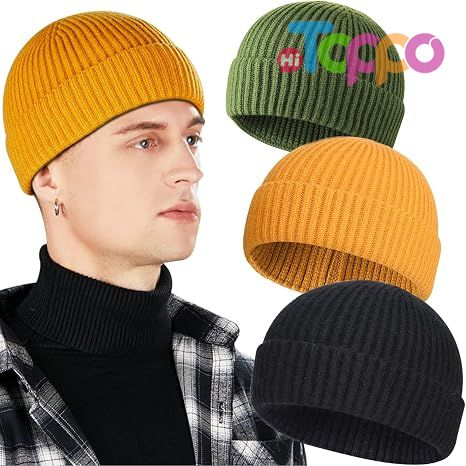 3 Pack Wool Fisherman Beanies for Men Short Knit Watch Cap Cuffed Hats