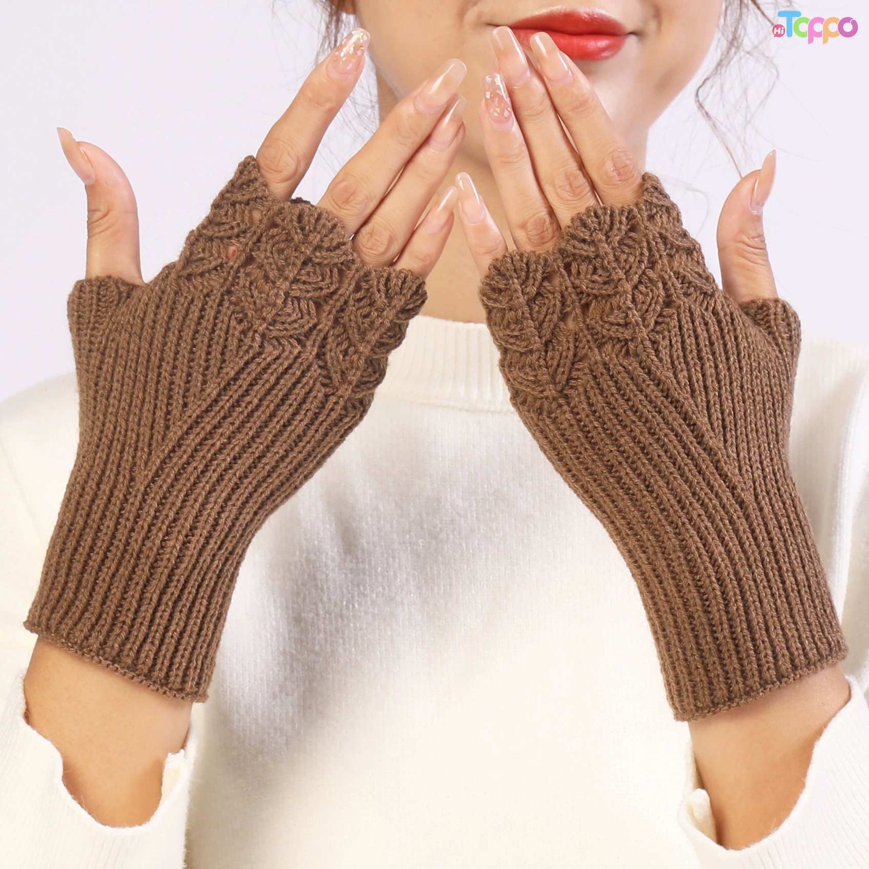 Solid Color Fish Scale Hollow Out Knitted Short Fingerless Gloves