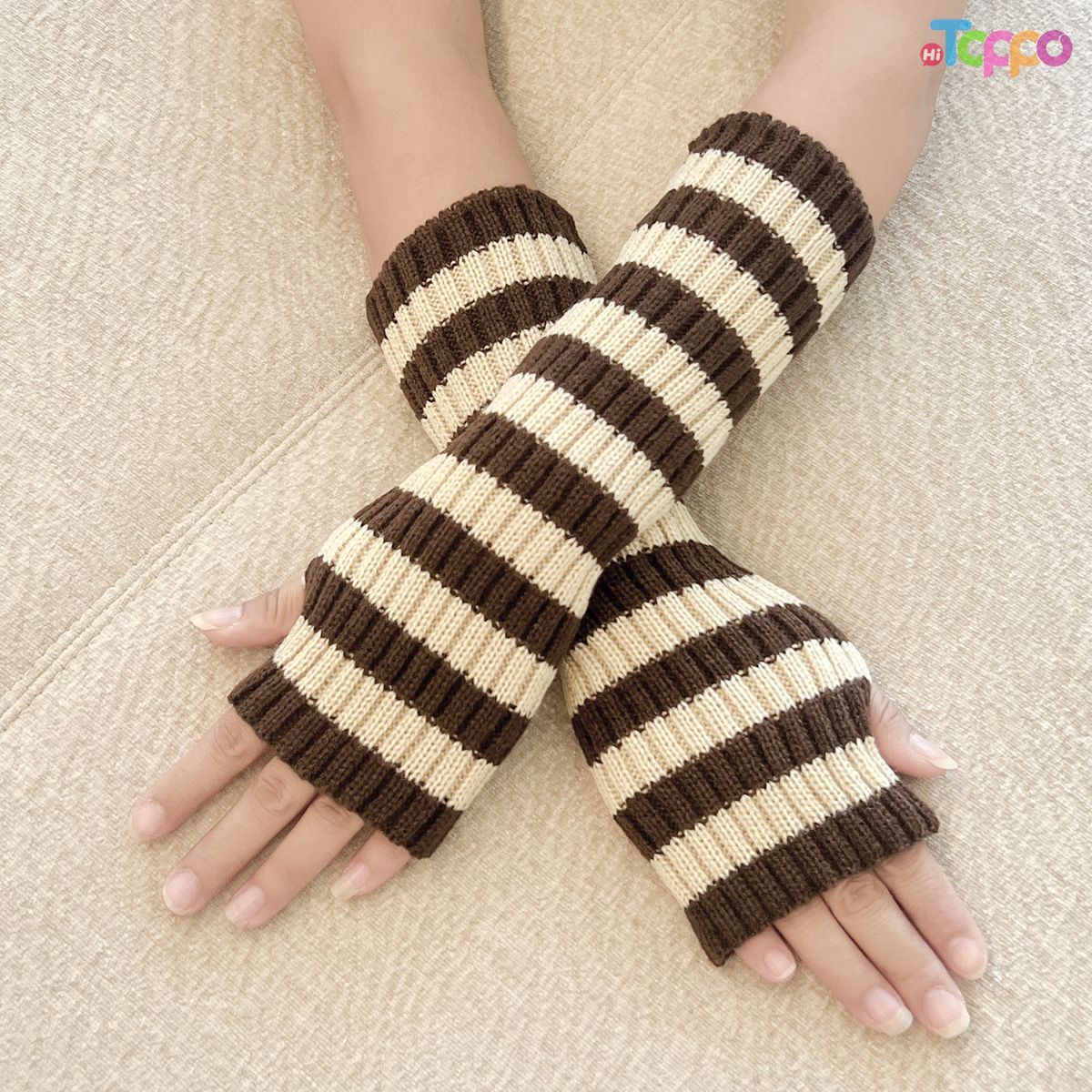  Custom Daily Wear Women's Block Striped Gloves Fingerless Knitted Arm Warmers 