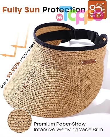 Custom Packable Ponytail Beach Travel UPF 80+ Womens Sun Visor Straw Hat 