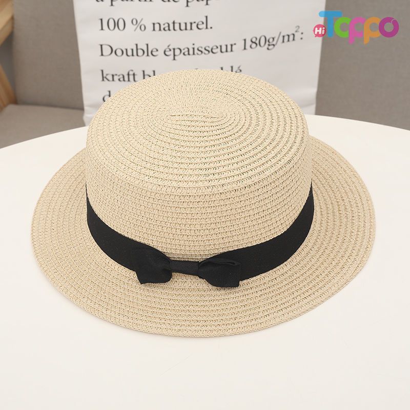 Summer UPF Women Flat Sun Straw Hat with Bow
