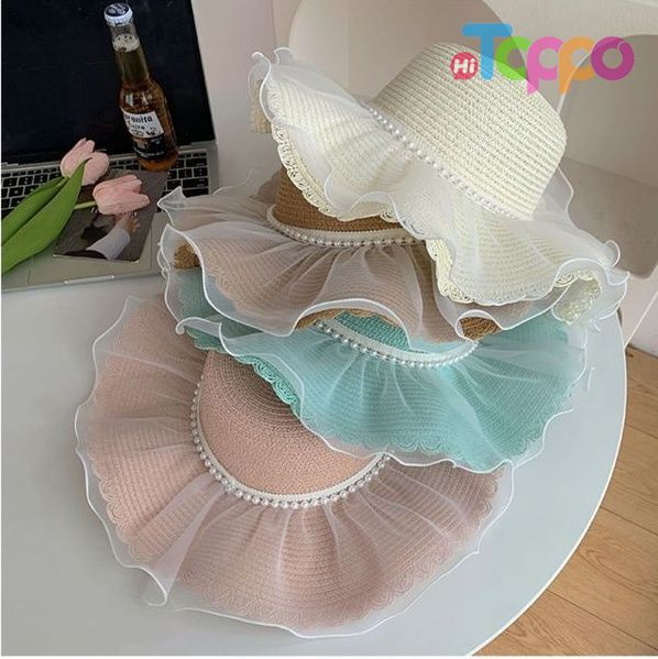 Women's Summer Wave Edge Pearl Bowknot Straw Knitted Hat 