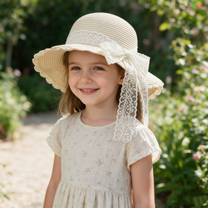 Girls Summer Wide Brim Sun Beach Hats wIth Lace Trim