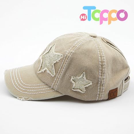 Custom Washed Distressed Cotton Denim Star Ponytail Hat Baseball Cap