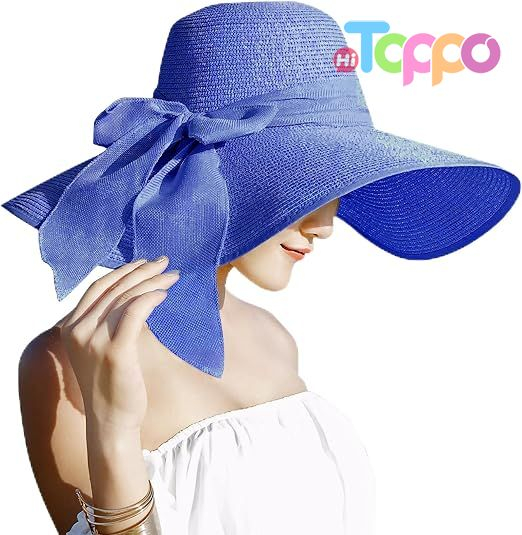  Big Bowknot 5.7 Inches Large Floppy Foldable Roll up UPF 50+ Beach Cap Sun Hat Straw Hat