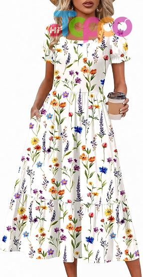 Custom Flowy Casual Midi Dress Short Sleeve Tiered Dress Sundresses with Pockets