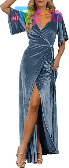 Custom Women's Wrap V Neck Wedding Guest Cocktail Velvet Maxi Dress