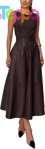 Women PU Faux Leather Sleeveless Elegant Flowy Long Dress Party Night Out Dress with Belt