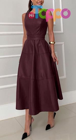 Women PU Faux Leather Sleeveless Elegant Flowy Long Dress Party Night Out Dress with Belt