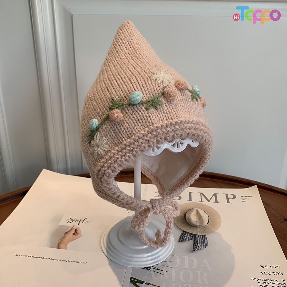 Winter Warm Floral Embroidery Baby Knit Earflap Hat with Ties Cute Pixie Elf Beanie 