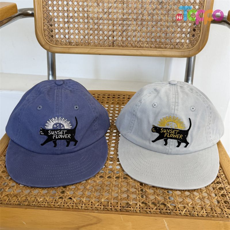Custom Vintage Washed Distressed Cat-Embroidered Flat-Brim Baseball Cap