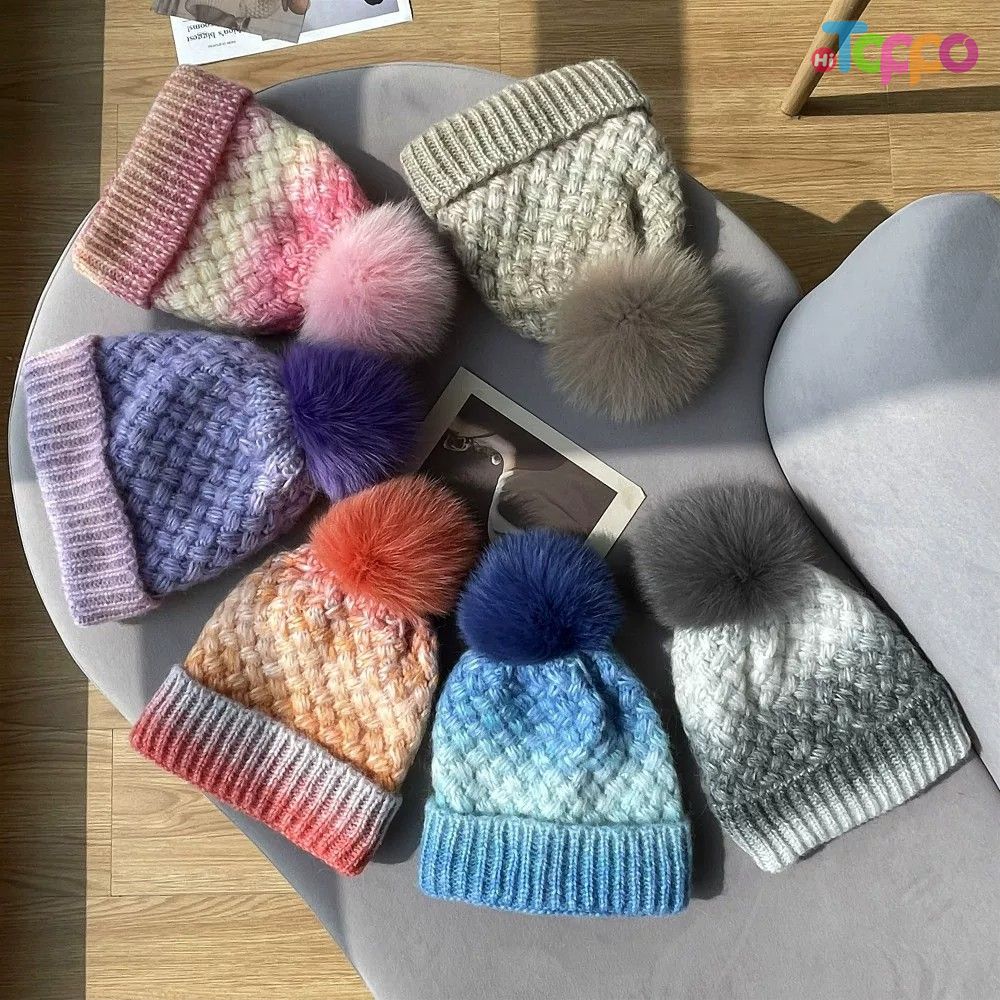 Winter Warm Thick Earflap Pom Pom Faux Fox Fur Ball Ski Skull Cap Gradient Fleece Lined Knit Beanie 