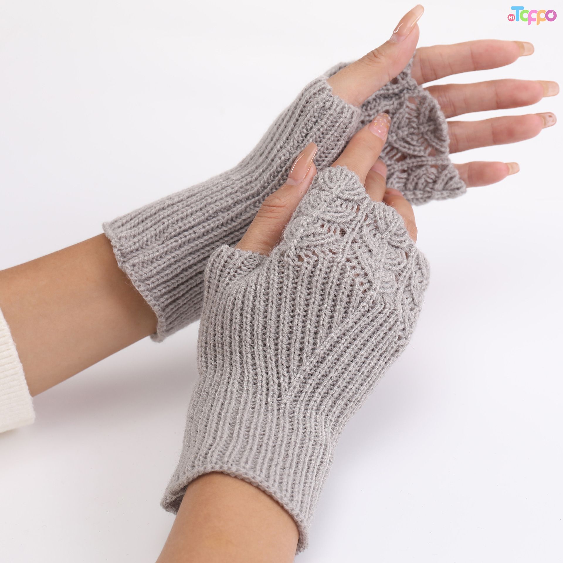 Solid Color Fish Scale Hollow Out Knitted Short Fingerless Gloves