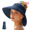 Women Wide Brim Beach Straw Hat Visor Ponytail Summer UV Foldable 