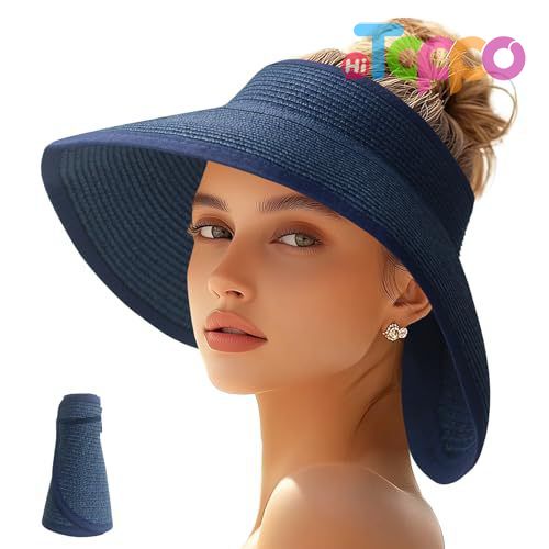 Women Wide Brim Beach Straw Hat Visor Ponytail Summer UV Foldable 