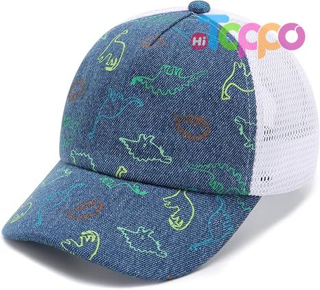 Dinosaur Mesh Adjustable Cotton Blend Full Mesh Back Ventilation Curved UV Brim Velcro Strap Toddler Baseball Hat