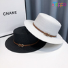 Summer Packable UPF Women Beach Flat Sun Straw Hat with Stripe