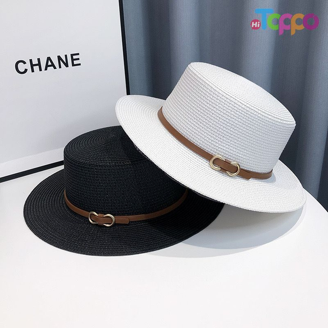 Summer Packable UPF Women Beach Flat Sun Straw Hat with Stripe