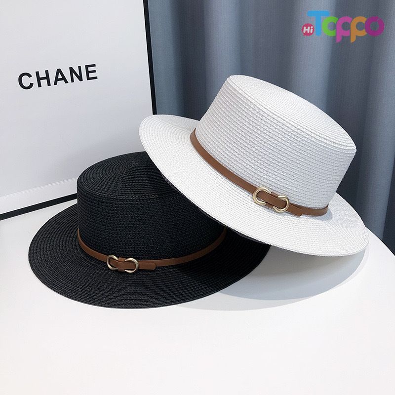 Summer Packable UPF Women Beach Flat Sun Straw Hat with Stripe
