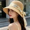 Summer UPF Womens Wide Brim Sun Straw Hat with Bow 