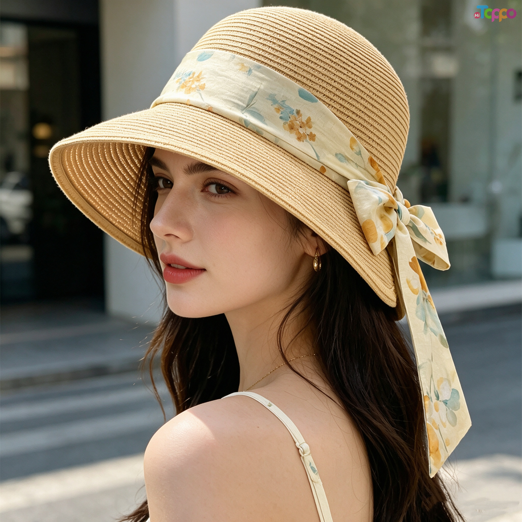 Summer UPF Womens Wide Brim Sun Straw Hat with Bow 