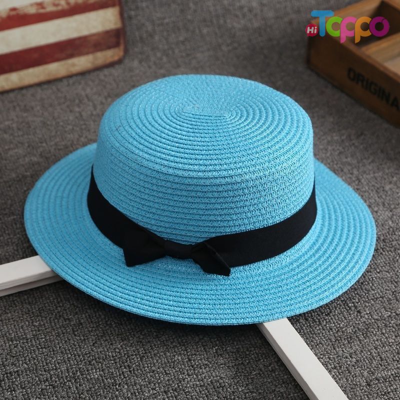 Summer UPF Women Flat Sun Straw Hat with Bow