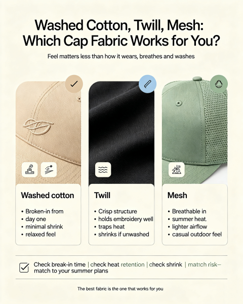 Washed Cotton, Mesh & Twill Fabric Comparison for Baseball Caps