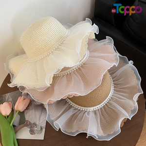 Women's Summer Wave Edge Pearl Bowknot Straw Knitted Hat 