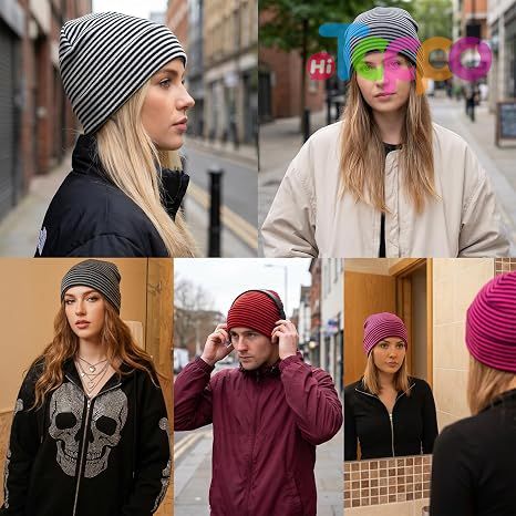 Classical Stripe Unisex Warm Striped Knitted Beanie Hats Slouchy Knit Skull Cap 