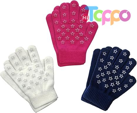 Hot Gift 3 Pairs Knit Warm Stretch Gripper Children Magic Glove 4-14 Years Kids Winter Gloves 