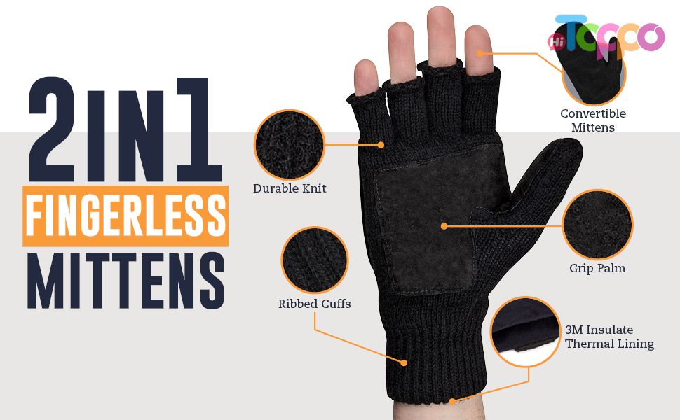  Winter Gloves Convertible Warm Knit Flip Top Wool Fingerless Mitten Gloves